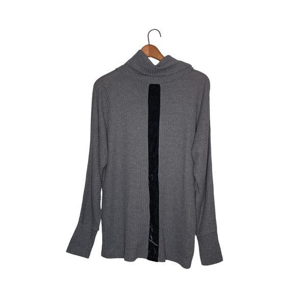 Anthropologie Small S Mystree Gray Thermal Waffle Knit Velvet Stripe Cowl Top - Picture 2 of 4
